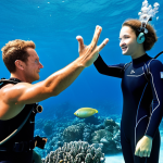 **

A diving instructor demonstrating underwater hand signals to a student. Clear, concise gestures. Background: blue water, coral reef. Both are fully clothed in diving gear, appropriate attire, safe for work, professional diving instruction, perfect anatomy, natural proportions, family-friendly.

**
