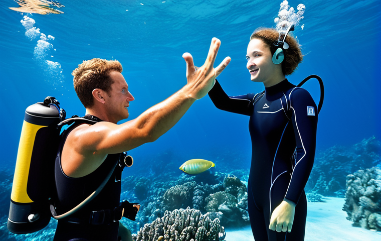 **

A diving instructor demonstrating underwater hand signals to a student. Clear, concise gestures. Background: blue water, coral reef. Both are fully clothed in diving gear, appropriate attire, safe for work, professional diving instruction, perfect anatomy, natural proportions, family-friendly.

**