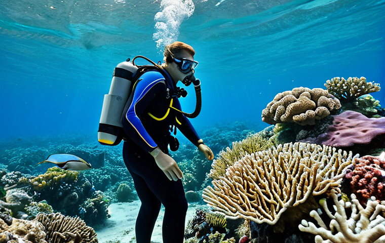 **

A professional marine biologist, fully clothed in appropriate scuba gear, examining coral reefs during the day. Clear blue water, diverse marine life, vibrant colors. Safe for work, appropriate content, perfect anatomy, natural proportions, professional underwater photography.

**