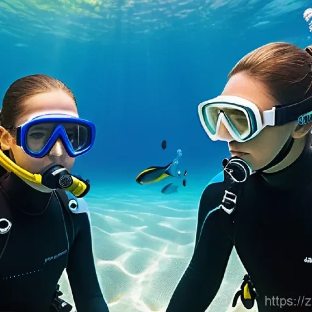 다이빙 강사와 강습생의 소통 팁 - **Prompt: "A male diving instructor patiently demonstrating the 'OK' hand signal to a female student...