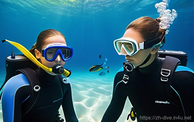 다이빙 강사와 강습생의 소통 팁 - **Prompt: "A male diving instructor patiently demonstrating the 'OK' hand signal to a female student...