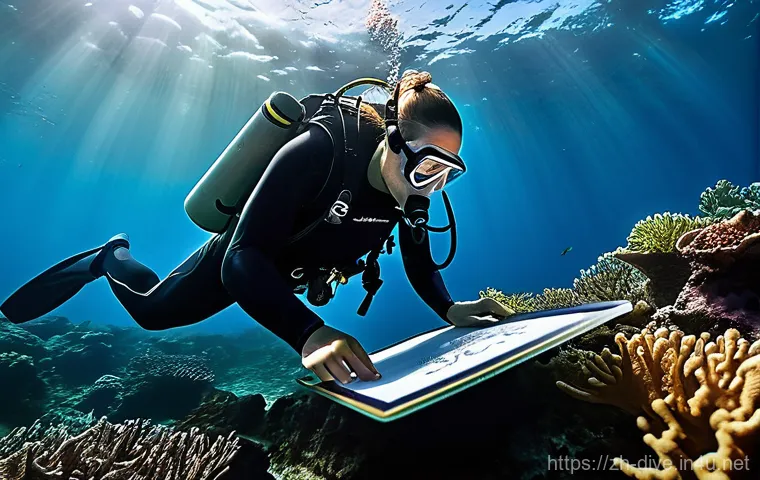 다이빙 강사와 강습생의 소통 팁 - **Prompt: "A male diving instructor patiently demonstrating the 'OK' hand signal to a female student...