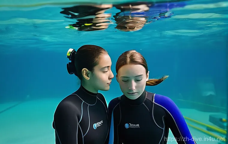 다이빙 강사와 강습생의 소통 팁 - **Prompt: "Two experienced divers, one male and one female, engaged in detailed communication underw...