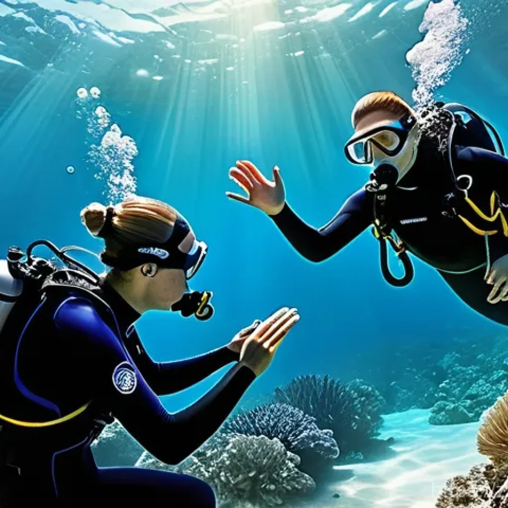 다이빙 강사와 다이빙 가이드의 차이 - **A highly detailed illustration of a patient female scuba diving instructor teaching a beginner div...