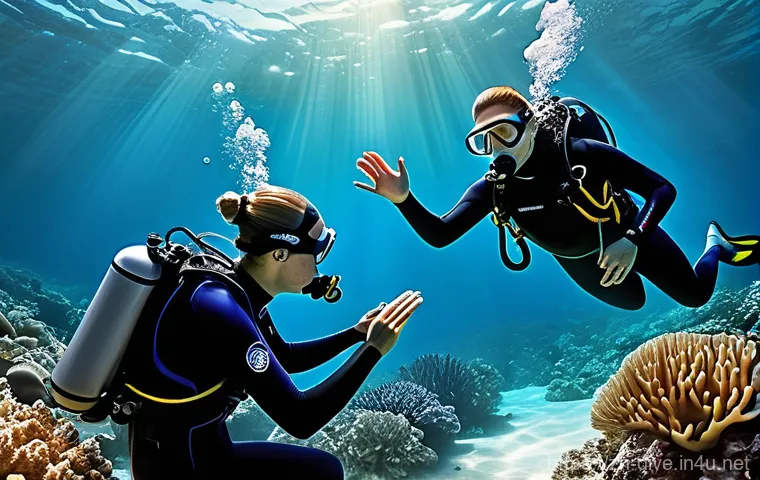 다이빙 강사와 다이빙 가이드의 차이 - **A highly detailed illustration of a patient female scuba diving instructor teaching a beginner div...