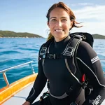 다이빙 강사 준비물 및 필수 장비 - **Prompt:** A professional scuba diving instructor, mid-30s, female, with a confident and approachab...