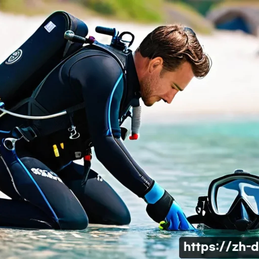 다이빙 강사 안전 사고 예방 사례 - A professional scuba diving instructor thoroughly checking a student’s diving equipment on a sunny b...