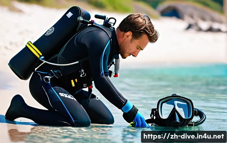 다이빙 강사 안전 사고 예방 사례 - A professional scuba diving instructor thoroughly checking a student’s diving equipment on a sunny b...