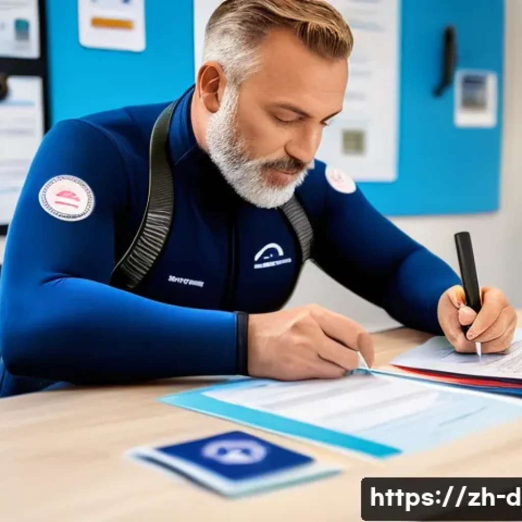 다이빙 강사 자격증 갱신 절차 - A professional scuba diving instructor in a modern training center, wearing a branded wetsuit and a ...