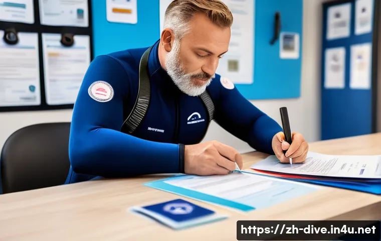 다이빙 강사 자격증 갱신 절차 - A professional scuba diving instructor in a modern training center, wearing a branded wetsuit and a ...