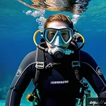 다이빙 강사 강습 노하우 - A detailed underwater scene showing a scuba diver in a full wetsuit suitable for cold water, wearing...