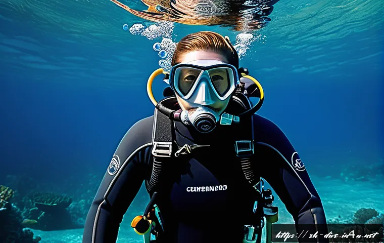다이빙 강사 강습 노하우 - A detailed underwater scene showing a scuba diver in a full wetsuit suitable for cold water, wearing...