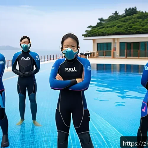 다이빙 강사 훈련 비용 절약법 - A modern scuba diving training center in a coastal Chinese city, showing a diverse group of adult st...