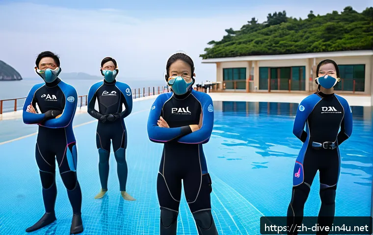 다이빙 강사 훈련 비용 절약법 - A modern scuba diving training center in a coastal Chinese city, showing a diverse group of adult st...