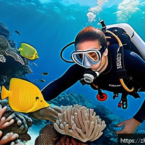 다이빙 강사 실무 경험 쌓는 법 - A detailed underwater scene showing a beginner scuba diver wearing a full set of diving gear includi...