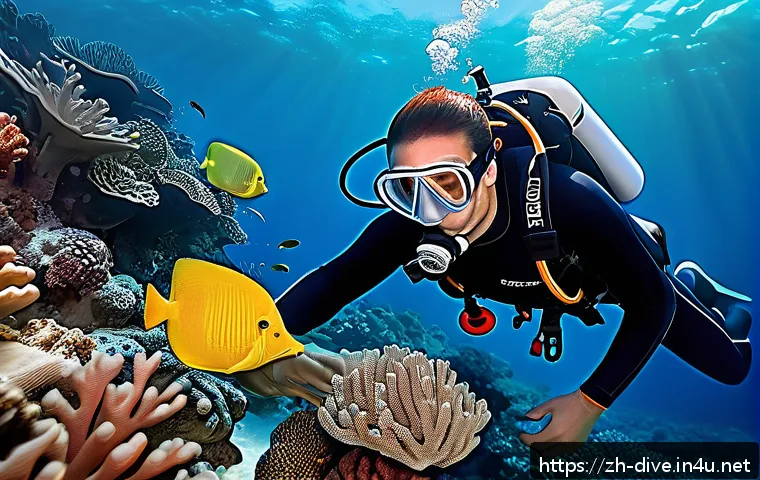 다이빙 강사 실무 경험 쌓는 법 - A detailed underwater scene showing a beginner scuba diver wearing a full set of diving gear includi...