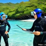 다이빙 강사 추천 기술 스킬 - A professional scuba diving instructor conducting a safety briefing with a diverse group of adult st...