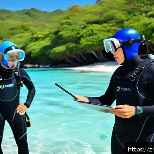 다이빙 강사 추천 기술 스킬 - A professional scuba diving instructor conducting a safety briefing with a diverse group of adult st...