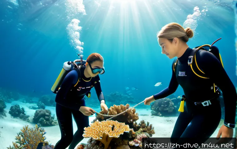 다이빙 강사와 해양 환경 보존 - Photorealistic underwater scene of a professional diving instructor in a full wetsuit and scuba gear...
